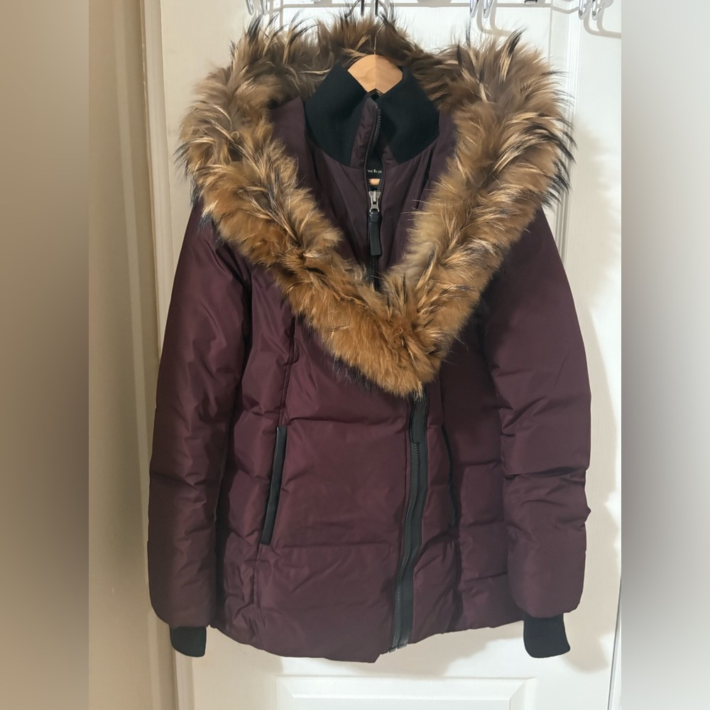 Mackage Adali Bordeaux Down Coat with Signature Fox Fur Trim Hood